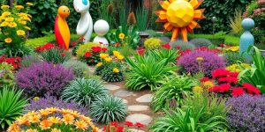 Colorful garden with unique sculptures and creative landscaping ideas.