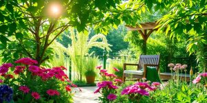 Beautiful garden with flowers and greenery in sunlight.